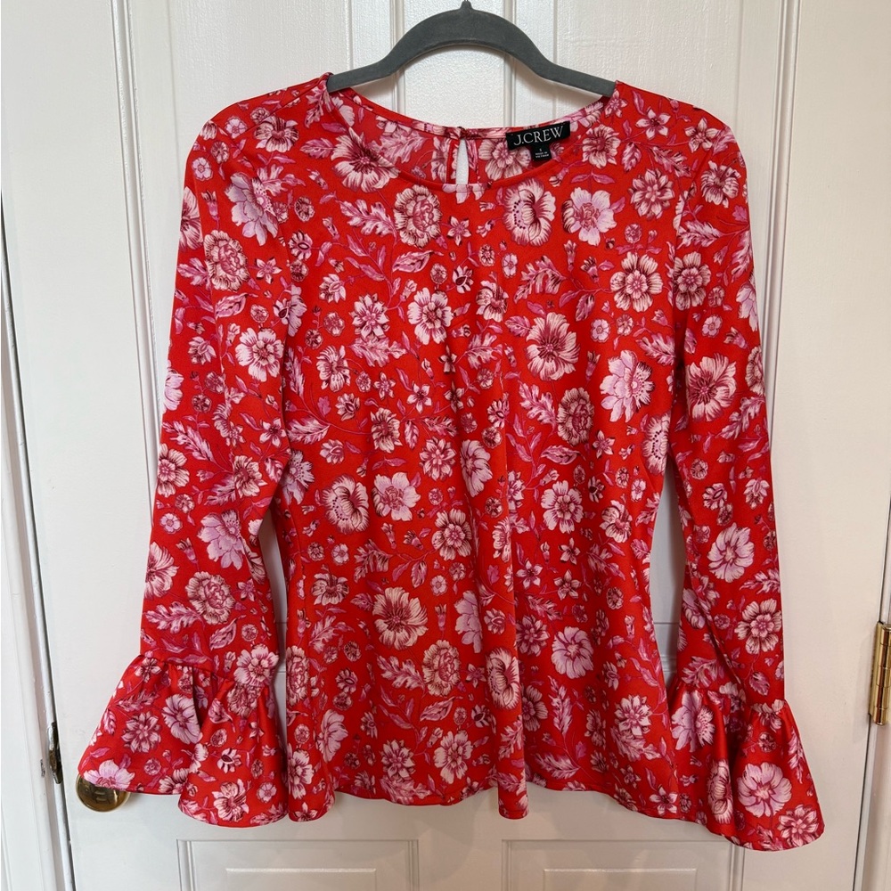 J. Crew Red and White Bell Sleeve Peplum Blouse